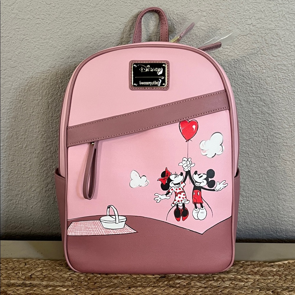Loungefly Disney Pink Backpack with Mickey and Minnie Balloon Design